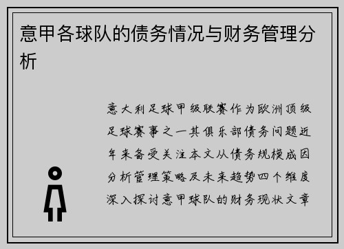 意甲各球队的债务情况与财务管理分析