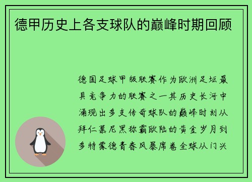 德甲历史上各支球队的巅峰时期回顾